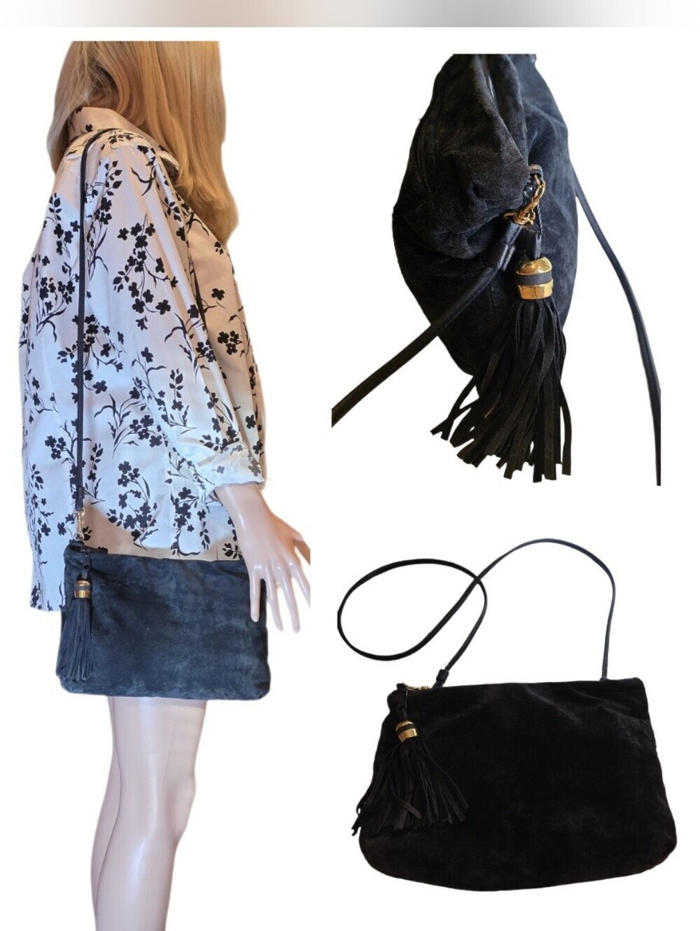 Vintage 80s Bechamel Black Suede Fringe Crossbody Bag Clutch EUC